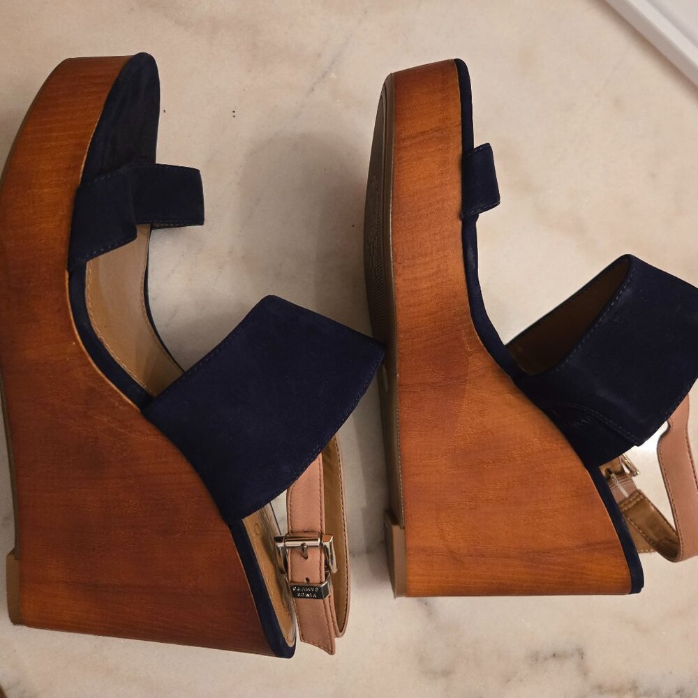 Vince Camuto Navy Blue Suede Wedge Ankle Strap Sandals